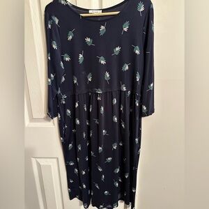 Navy Blue Leaf Print Dress